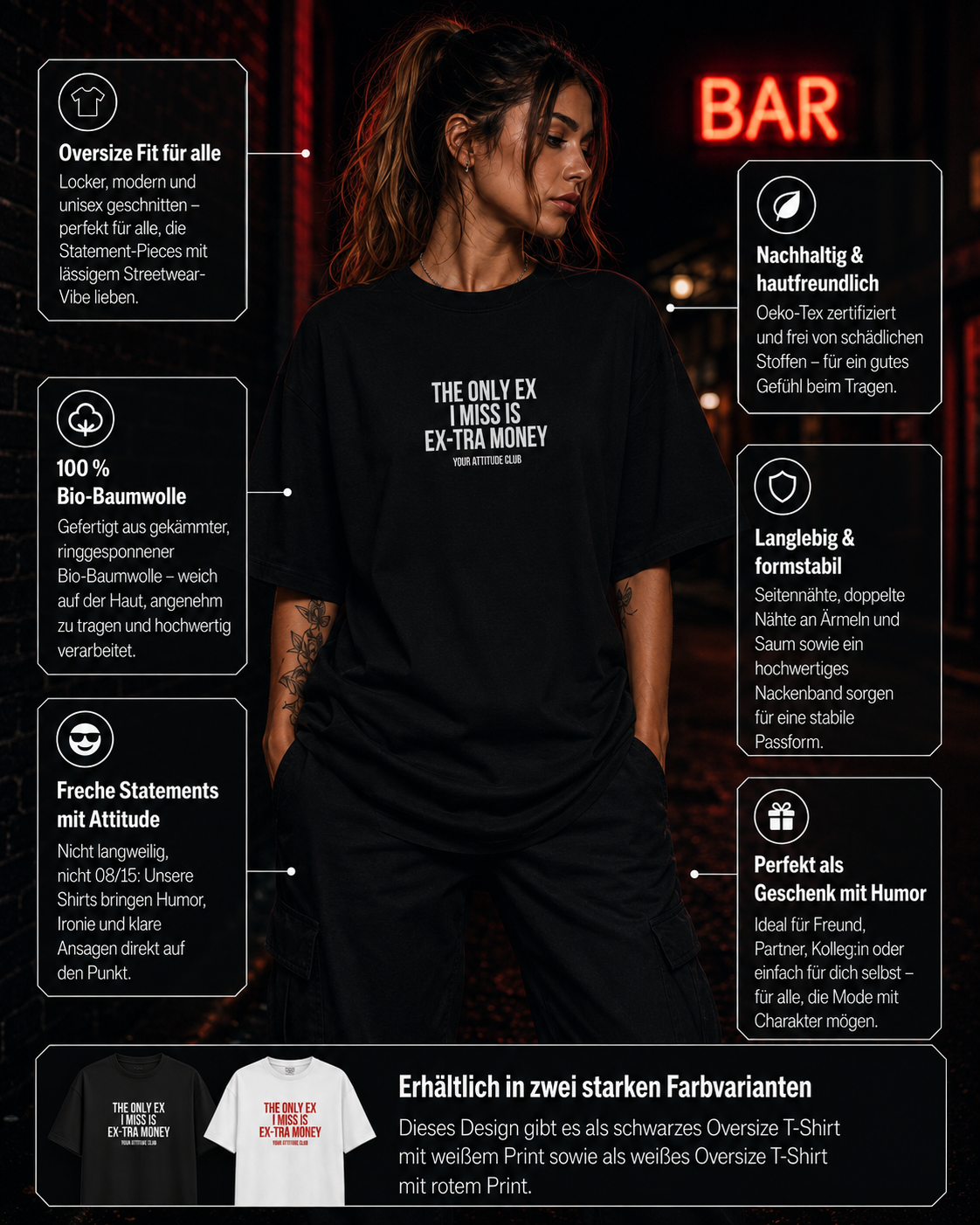 THE ONLY EX I MISS IS EX-TRA MONEY | Oversize Shirt Unisex mit Frontprint, Statement Shirt aus Bio-Baumwolle