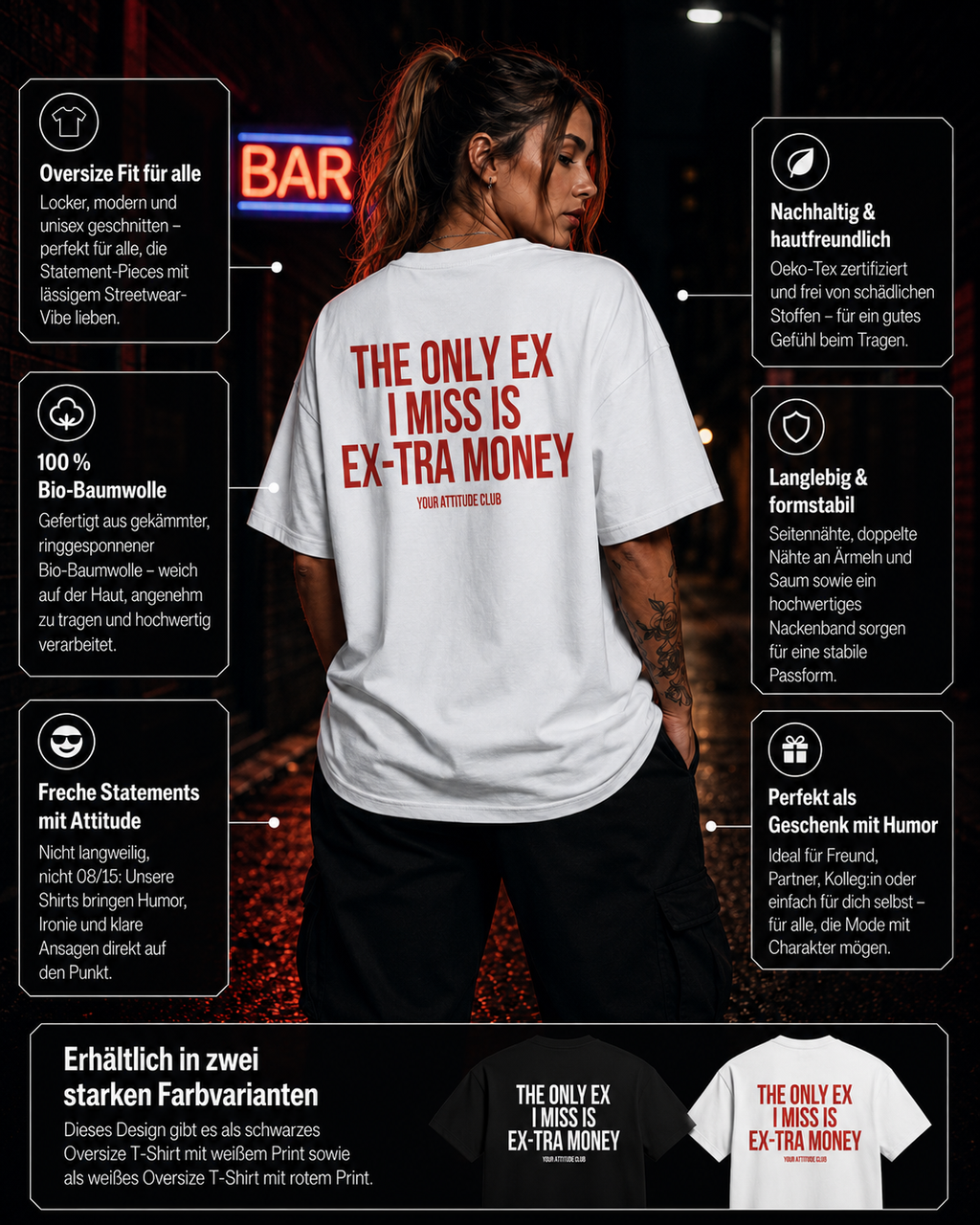 THE ONLY EX I MISS IS EX-TRA MONEY | Oversize Shirt Unisex mit Backprint, Statement Shirt aus Bio-Baumwolle