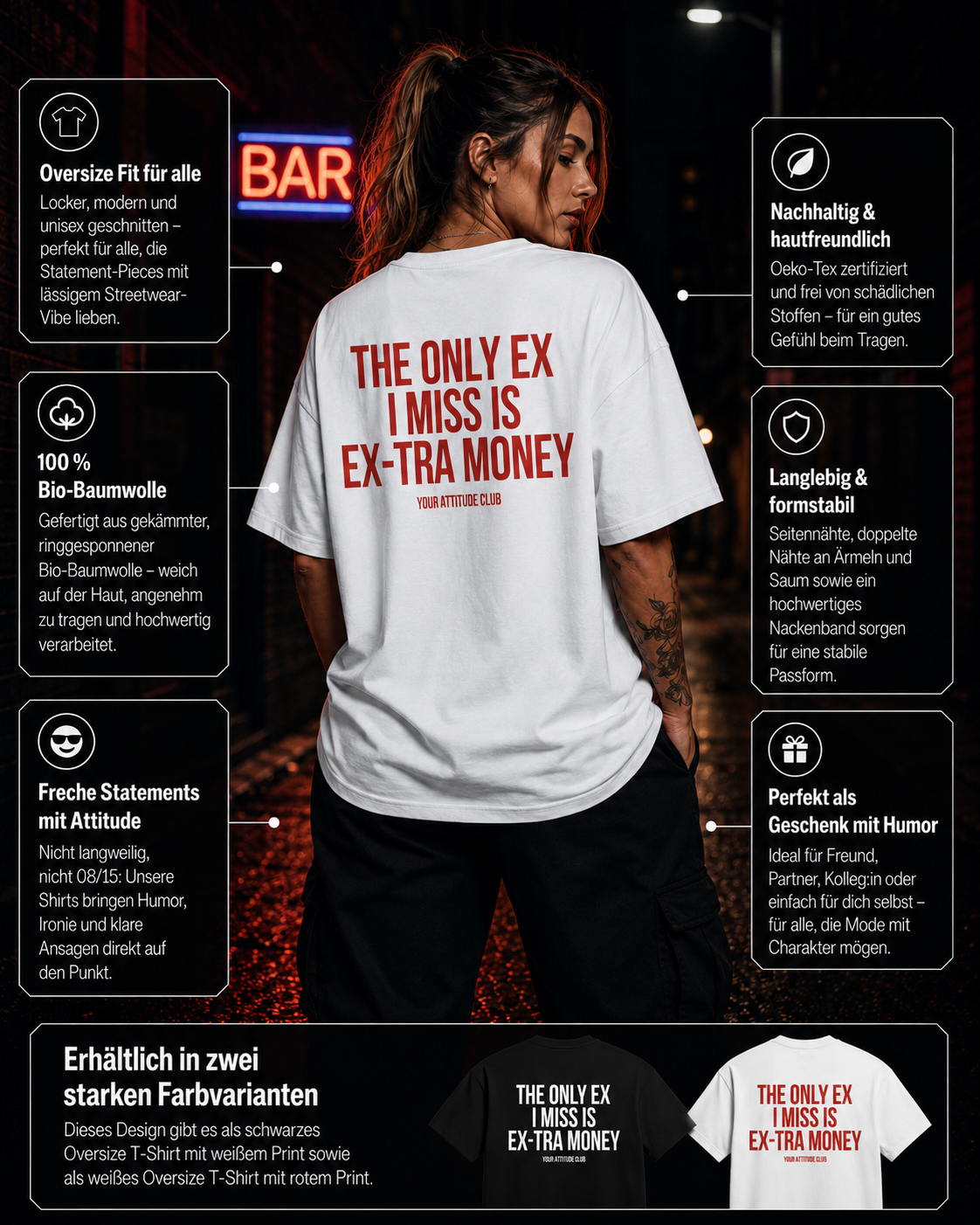 THE ONLY EX I MISS IS EX-TRA MONEY | Oversize Shirt Unisex mit Backprint, Statement Shirt aus Bio-Baumwolle