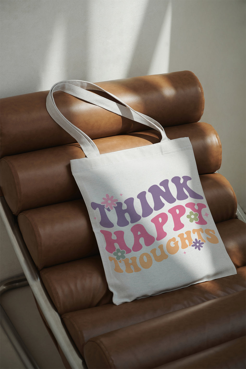 Think Happy Thoughts Baumwolltasche Stoffbeutel nachhaltig Retro Spruchtasche bunt 38x42 cm Shopper Geschenkidee Frauen individuell bedruckt