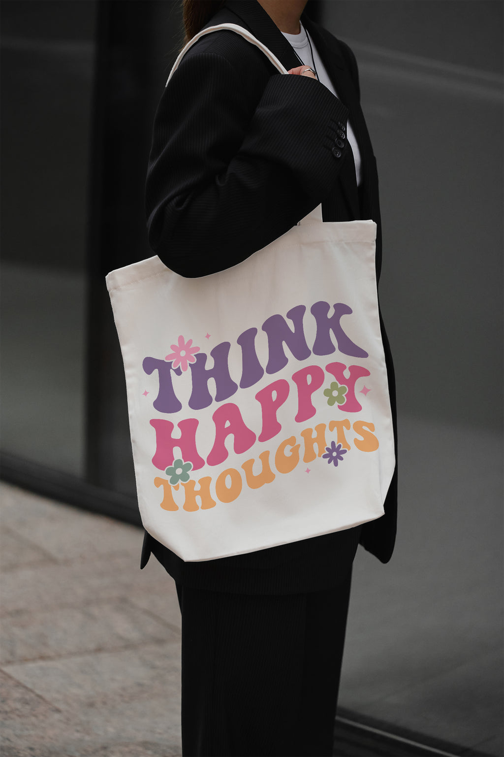 Think Happy Thoughts Baumwolltasche Stoffbeutel nachhaltig Retro Spruchtasche bunt 38x42 cm Shopper Geschenkidee Frauen individuell bedruckt