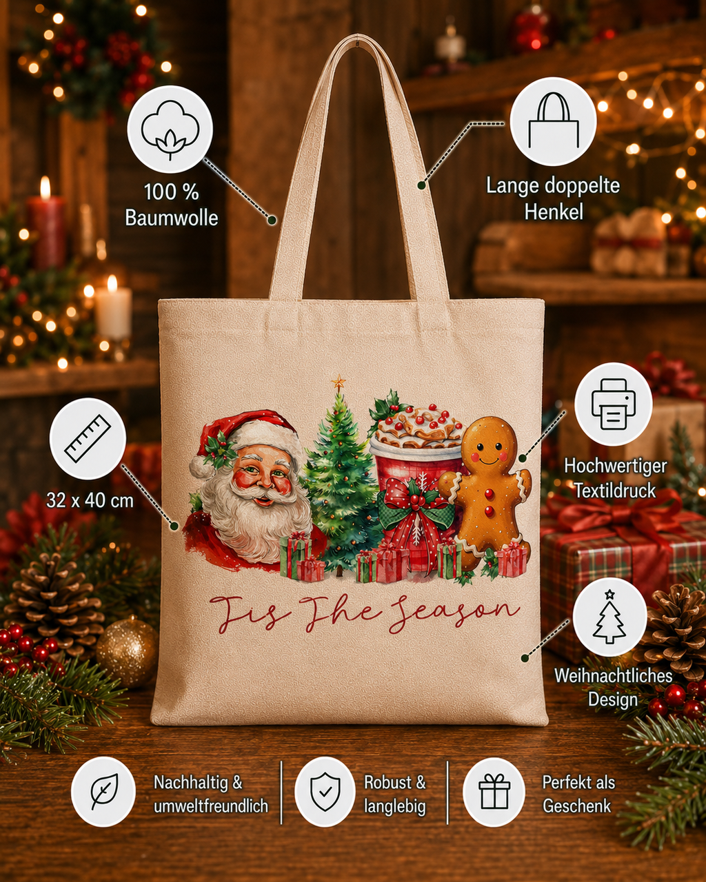 Tis The Season – Weihnachtlicher Stoffbeutel mit Weihnachtsmann, Lebkuchenmann und Weihnachtsgetränk | Baumwolltasche mit langen Henkeln | Festliche Geschenkidee