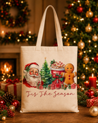 Tis The Season – Weihnachtlicher Stoffbeutel mit Weihnachtsmann, Lebkuchenmann und Weihnachtsgetränk | Baumwolltasche mit langen Henkeln | Festliche Geschenkidee