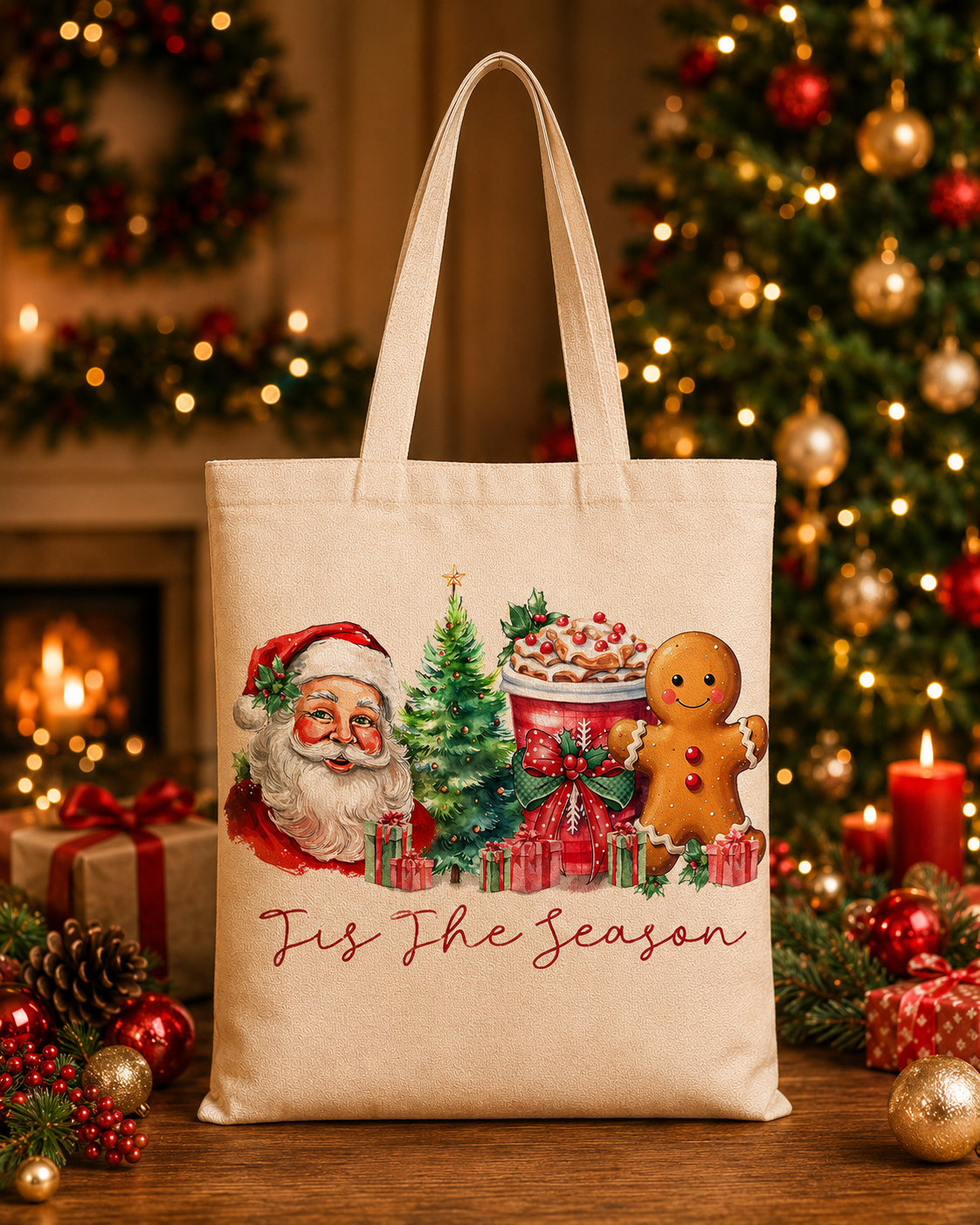 Tis The Season – Weihnachtlicher Stoffbeutel mit Weihnachtsmann, Lebkuchenmann und Weihnachtsgetränk | Baumwolltasche mit langen Henkeln | Festliche Geschenkidee