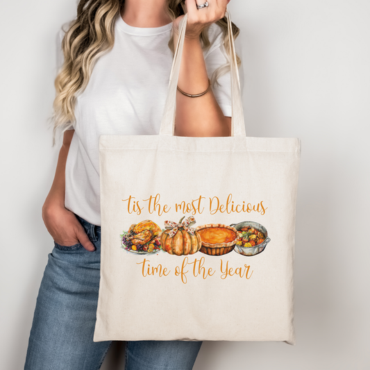 Herbst Baumwolltasche mit Truthahn & Kürbis | Thanksgiving Tasche | ’Tis the most Delicious Time of the Year | DTG Druck | Bügelbild