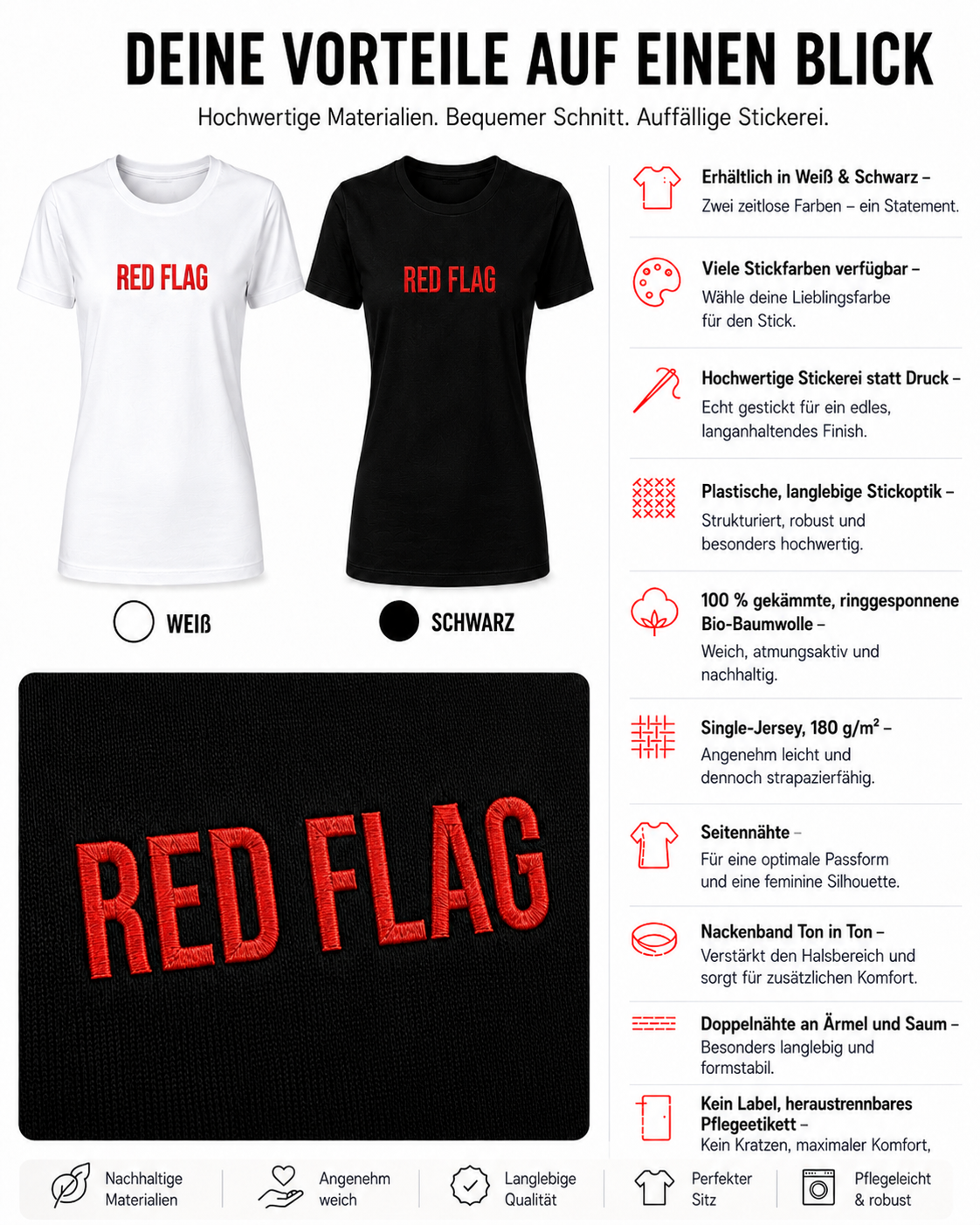 RED FLAG – besticktes Damen Shirt, freches Statement T-Shirt, Dating Humor, Geschenk für Freundin, Bio-Baumwolle, Weiß oder Schwarz