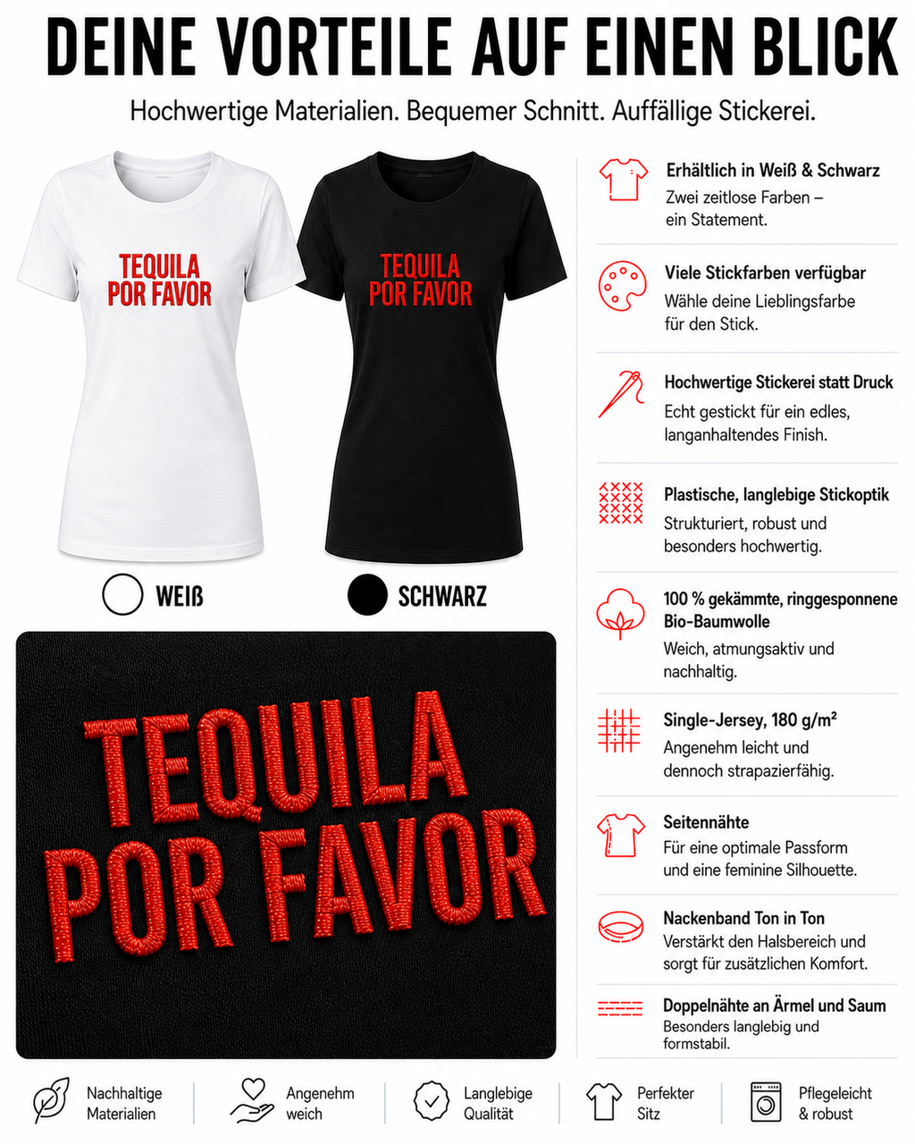 TEQUILA POR FAVOR – besticktes Damen Shirt, lustiges Statement T-Shirt, Geschenk für Freundin, Partyshirt, Bio-Baumwolle, Weiß oder Schwarz