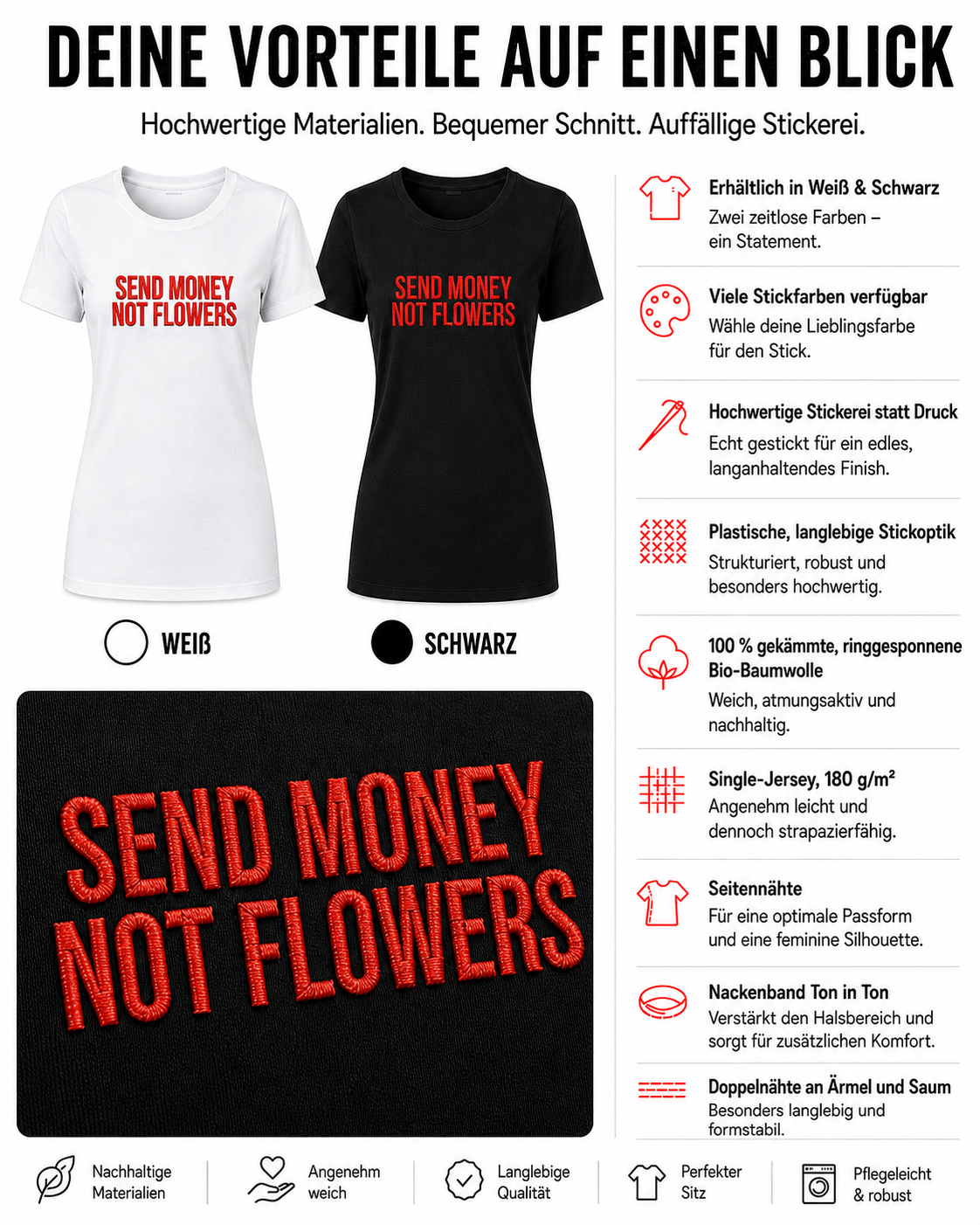 SEND MONEY NOT FLOWERS – besticktes Damen Shirt, freches Statement T-Shirt, Geschenk für Freundin, Bio-Baumwolle, Weiß oder Schwarz