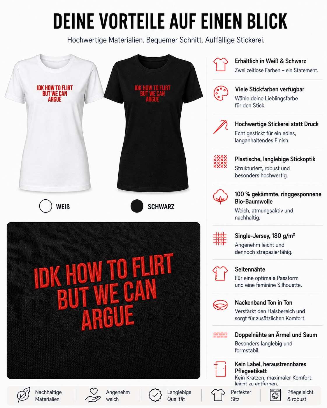 IDK HOW TO FLIRT BUT WE CAN ARGUE – besticktes Damen Shirt, lustiges Statement T-Shirt, Geschenk für Freundin, Bio-Baumwolle, Weiß oder Schwarz