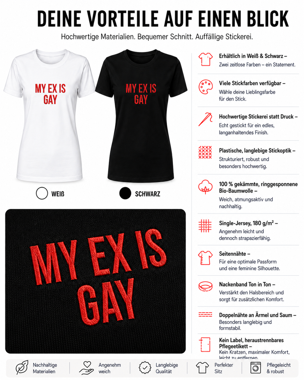 MY EX IS GAY – besticktes Damen Shirt, freches Statement T-Shirt, Geschenk für Freundin, Trennungsgeschenk, Bio-Baumwolle, Weiß oder Schwarz