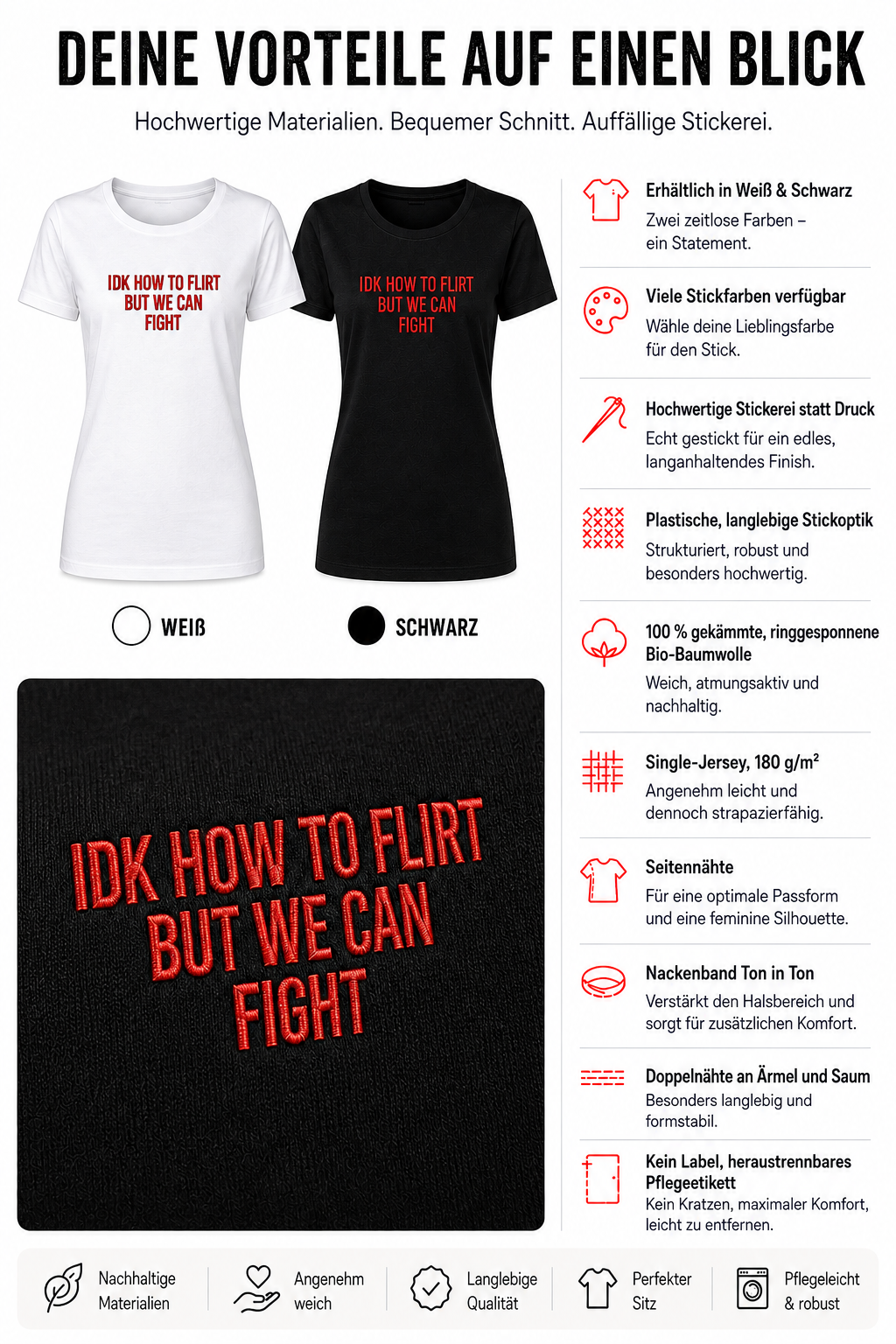 IDK HOW TO FLIRT BUT WE CAN FIGHT – besticktes Damen Shirt, lustiges Statement T-Shirt, Geschenk für Freundin, Bio-Baumwolle, Weiß oder Schwarz