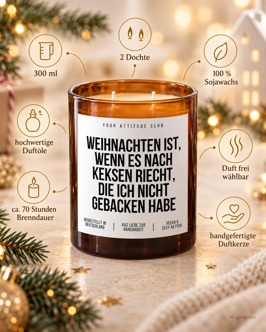 WEIHNACHTEN IST, WENN ES NACH KEKSEN RIECHT, DIE ICH NICHT GEBACKEN HABE – Weihnachtskerze Naturgras Etikett | Weihnachtsgeschenk | Geschenkidee