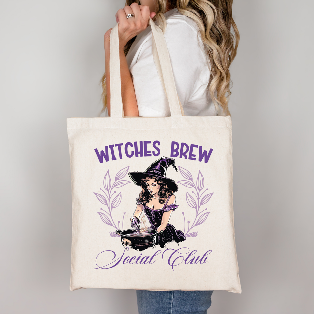 Witches Brew Social Club Tragetasche – Hexen Beutel Halloween Motiv | Baumwolltasche in Beige Rosa Schwarz | DTG Druck oder als Bügelbild