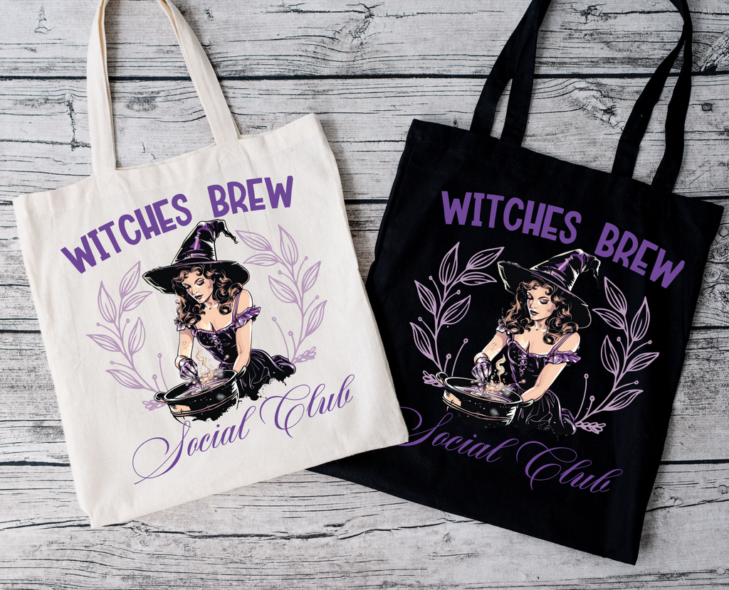 Witches Brew Social Club Tragetasche – Hexen Beutel Halloween Motiv | Baumwolltasche in Beige Rosa Schwarz | DTG Druck oder als Bügelbild