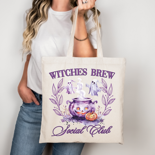 Witches Brew Social Club Tasche – Halloween Baumwollbeutel mit Hexenkessel Motiv – Tragetasche in Beige, Rosa oder Schwarz – auch als Bügelbild für T-Shirts & Kissen