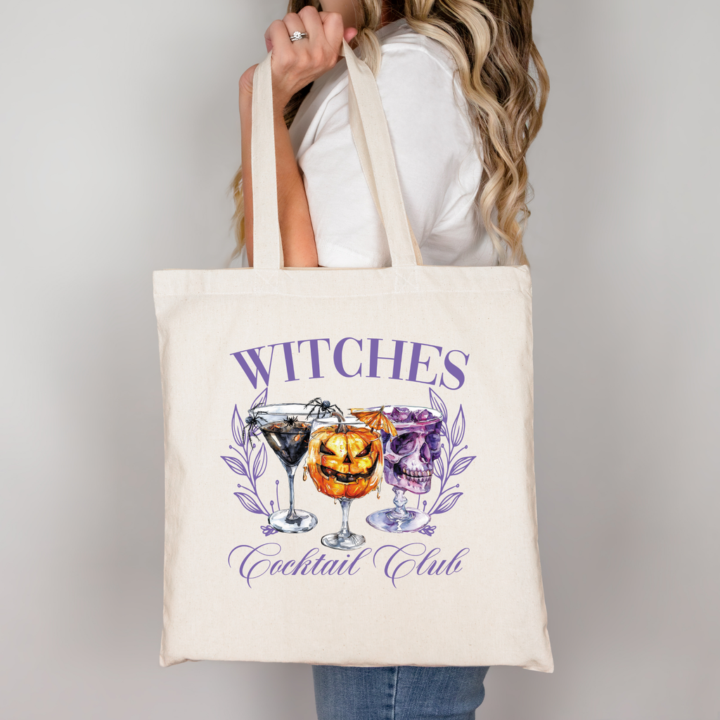 Witches Cocktail Club Tasche – Halloween Baumwollbeutel mit Hexen Cocktails – DTG Druck – Rosa, Beige, Schwarz – auch als Bügelbild