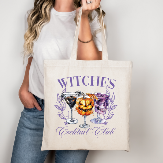 Witches Cocktail Club Tasche – Halloween Baumwollbeutel mit Hexen Cocktails – DTG Druck – Rosa, Beige, Schwarz – auch als Bügelbild