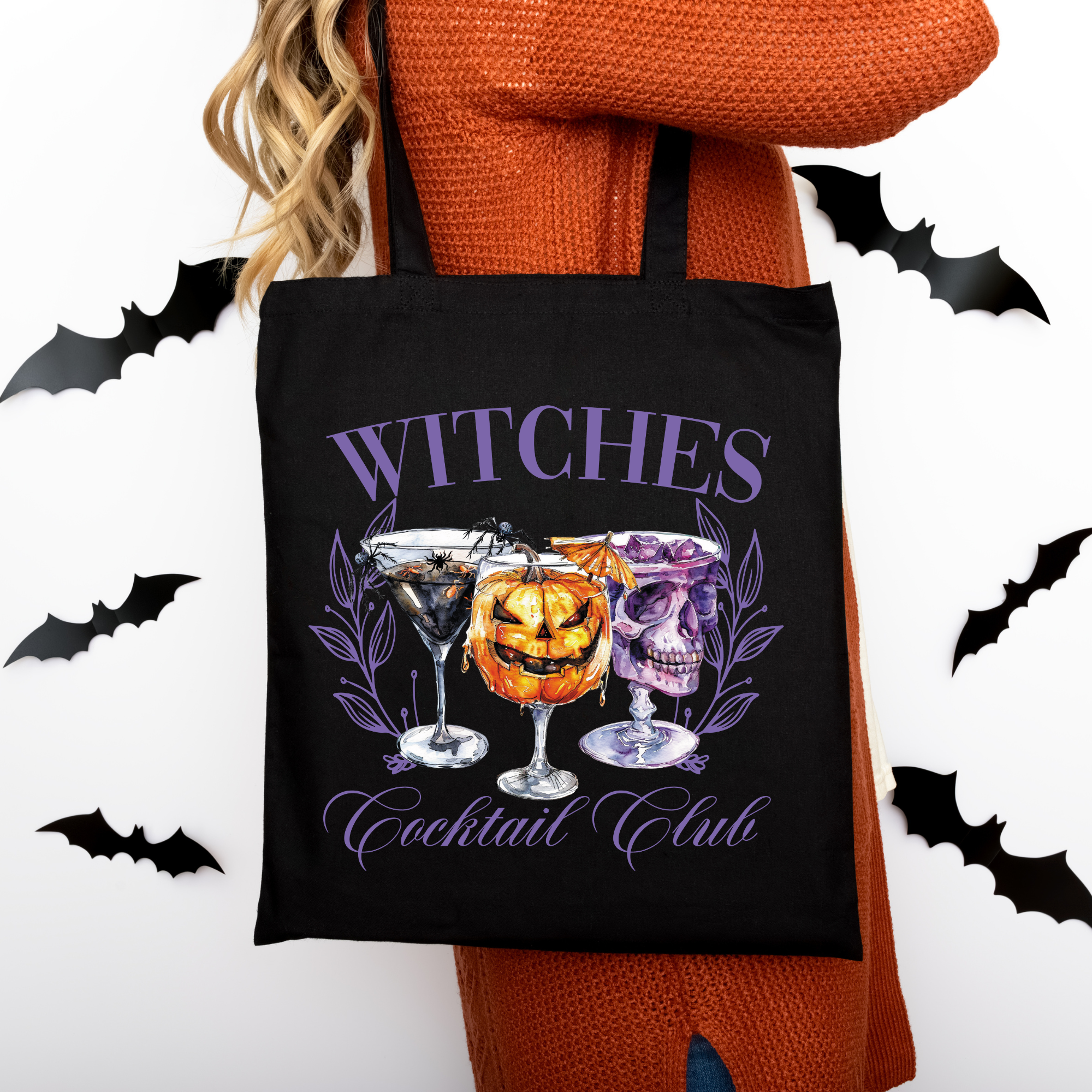 Witches Cocktail Club Tasche – Halloween Baumwollbeutel mit Hexen Cocktails – DTG Druck – Rosa, Beige, Schwarz – auch als Bügelbild