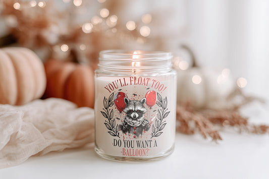 You’ll Float Too Horror Kerze vegane Halloween Duftkerze Pennywise Clown Deko Sojawachs Kerze Geschenkidee spooky scary Home Decor