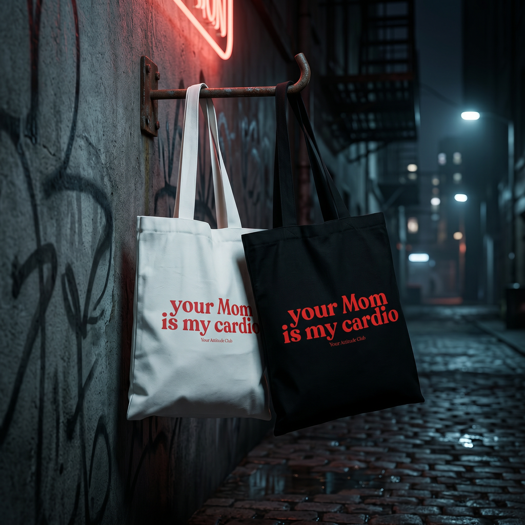 Your Mom is my cardio Beutel – freche Statement Tragetasche Baumwolle, lustiger Stoffbeutel, Tote Bag Damen Herren, provokanter Shopper