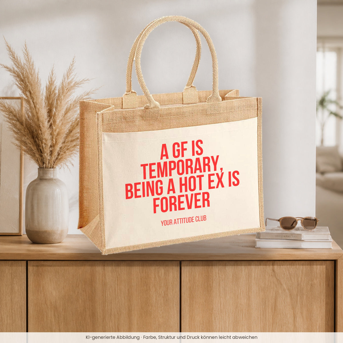 A GF is temporary, being a hot ex is forever – Jutetasche mit Spruch, auf dem Sideboard im Flur