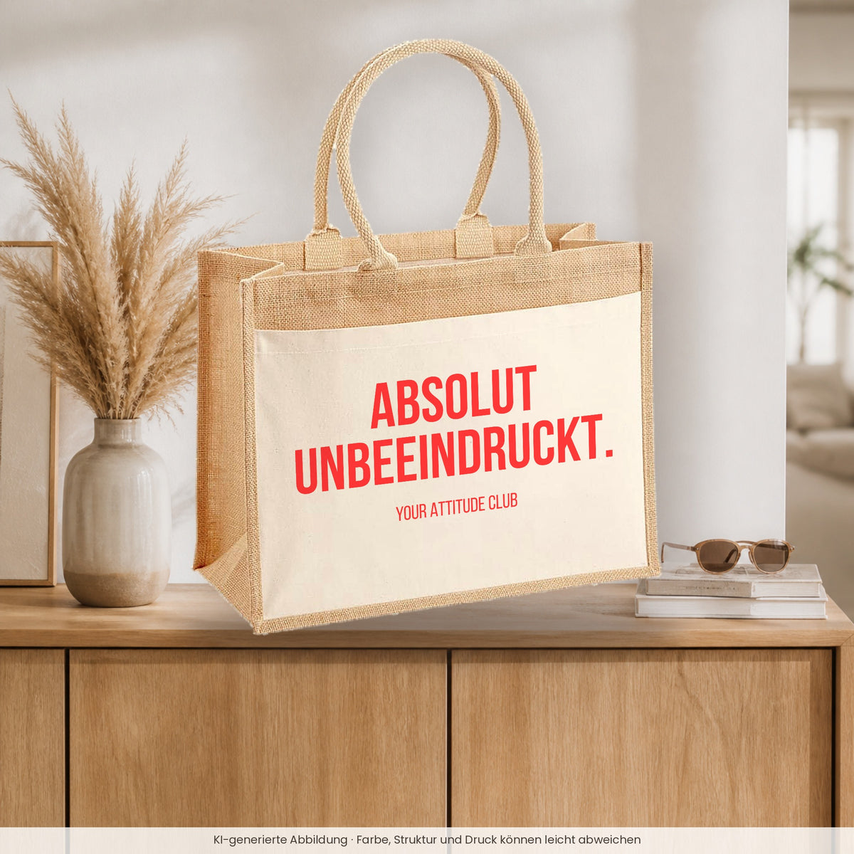 Absolut unbeeindruckt. – Jutetasche mit Spruch, auf dem Sideboard im Flur