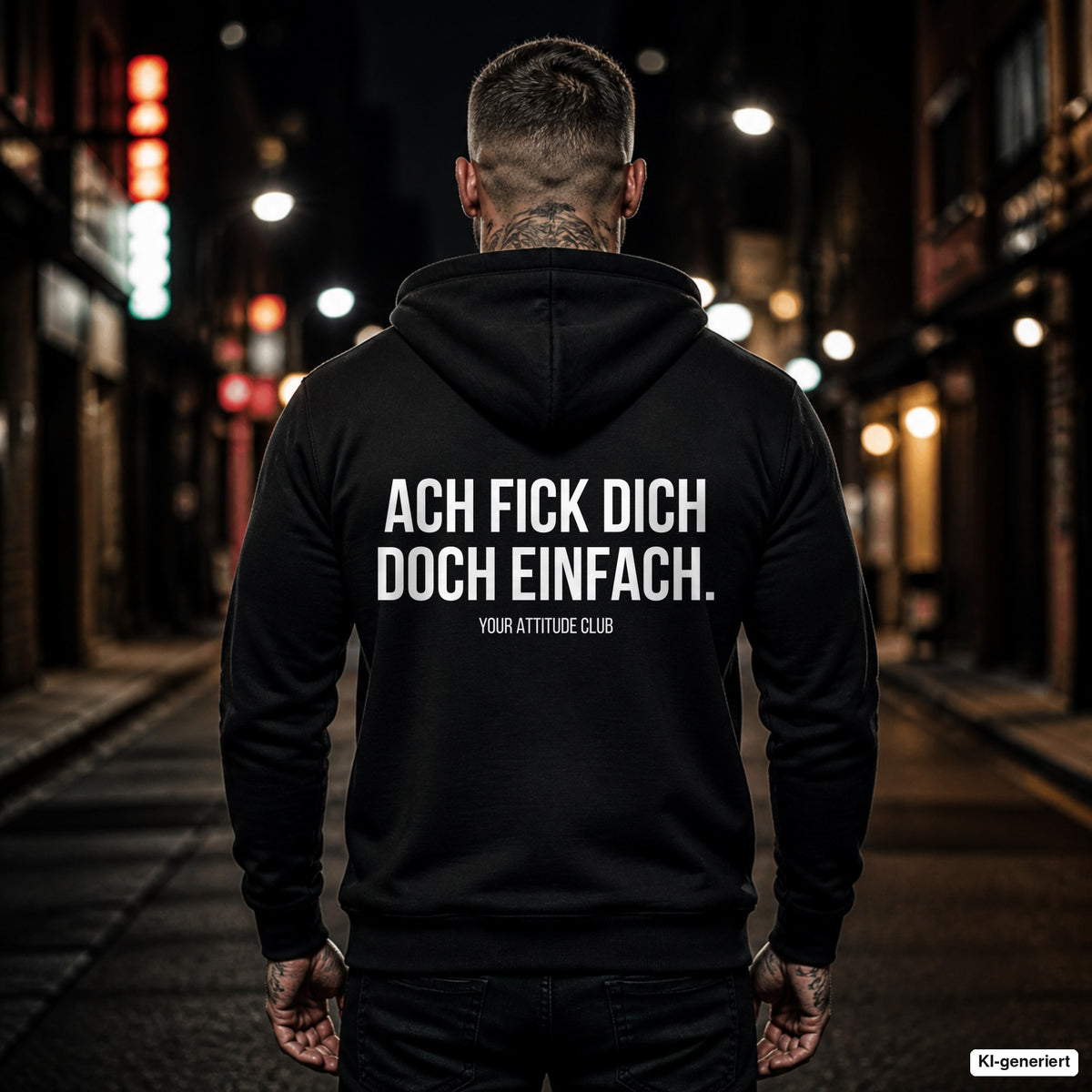 Ach fick dich doch einfach – schwarzer Hoodie mit weißem Backprint, Herren in der Stadt bei Nacht