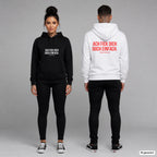 Ach fick dich doch einfach – Hoodie unisex mit Frontprint (Frau, Schwarz) und Backprint (Mann, Weiß)