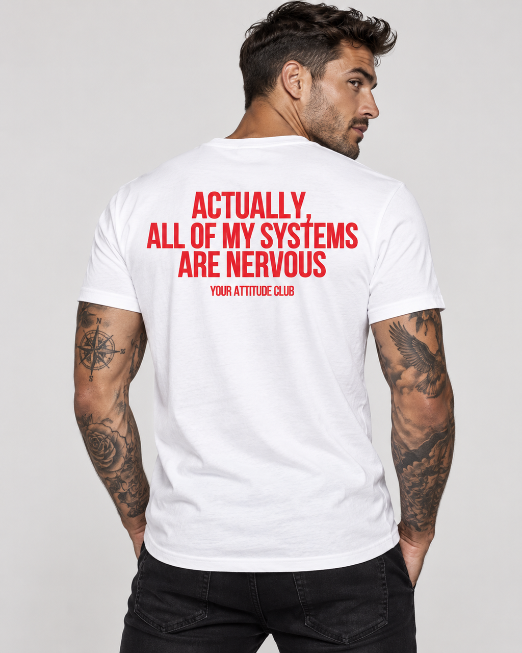 ACTUALLY, ALL OF MY SYSTEMS ARE NERVOUS – Unisex Statement T-Shirt Weiß mit rotem Backprint | selbstironisches Sprüche Shirt