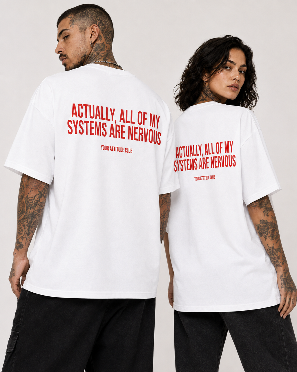 ACTUALLY, ALL OF MY SYSTEMS ARE NERVOUS – schwarzes Unisex Oversize Shirt mit weißem Backprint, lustiges Statement T-Shirt, Streetwear Geschenk