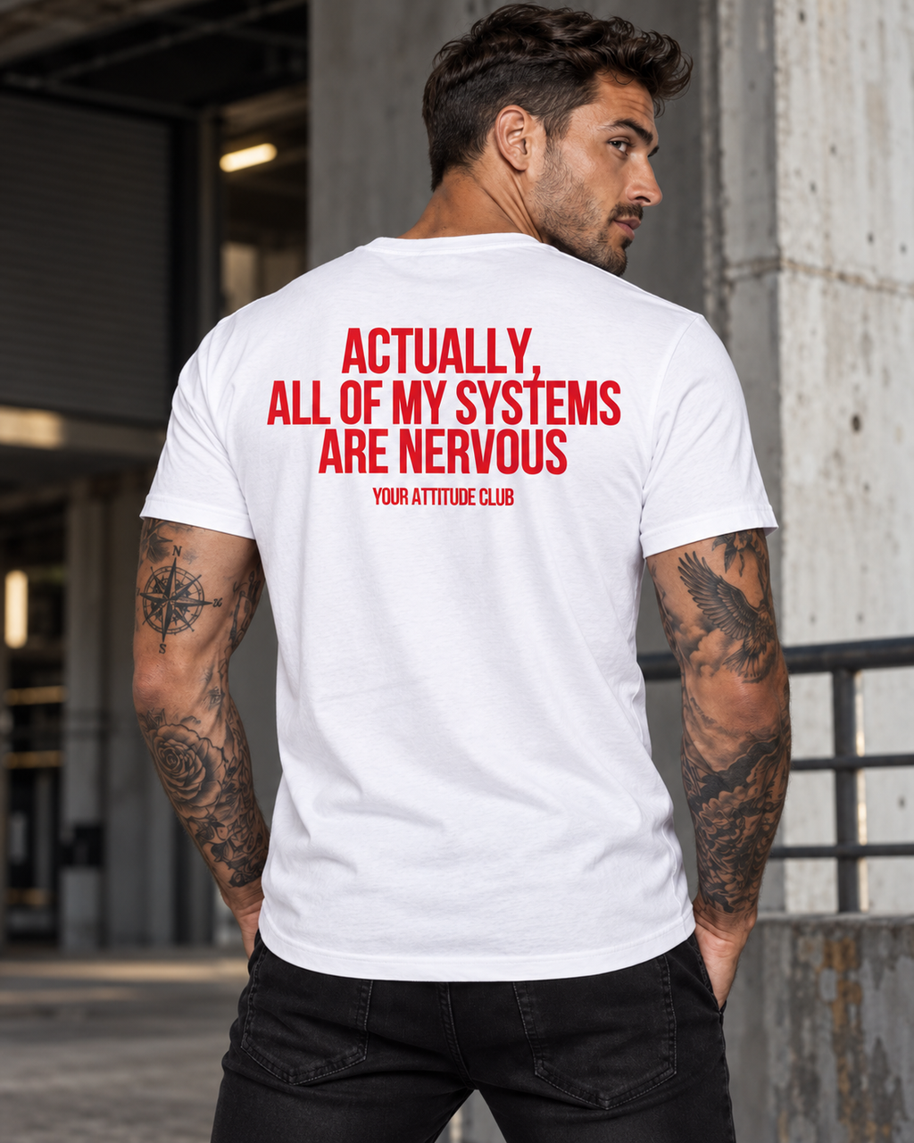 ACTUALLY, ALL OF MY SYSTEMS ARE NERVOUS – Unisex Statement T-Shirt Weiß mit rotem Backprint | selbstironisches Sprüche Shirt