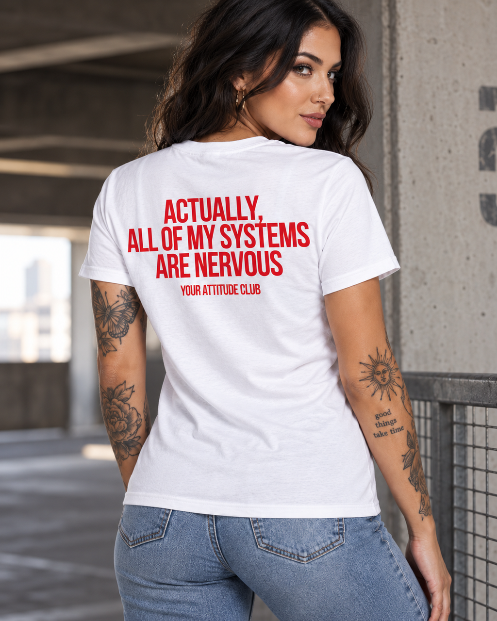 ACTUALLY, ALL OF MY SYSTEMS ARE NERVOUS – Unisex Statement T-Shirt Weiß mit rotem Backprint | selbstironisches Sprüche Shirt