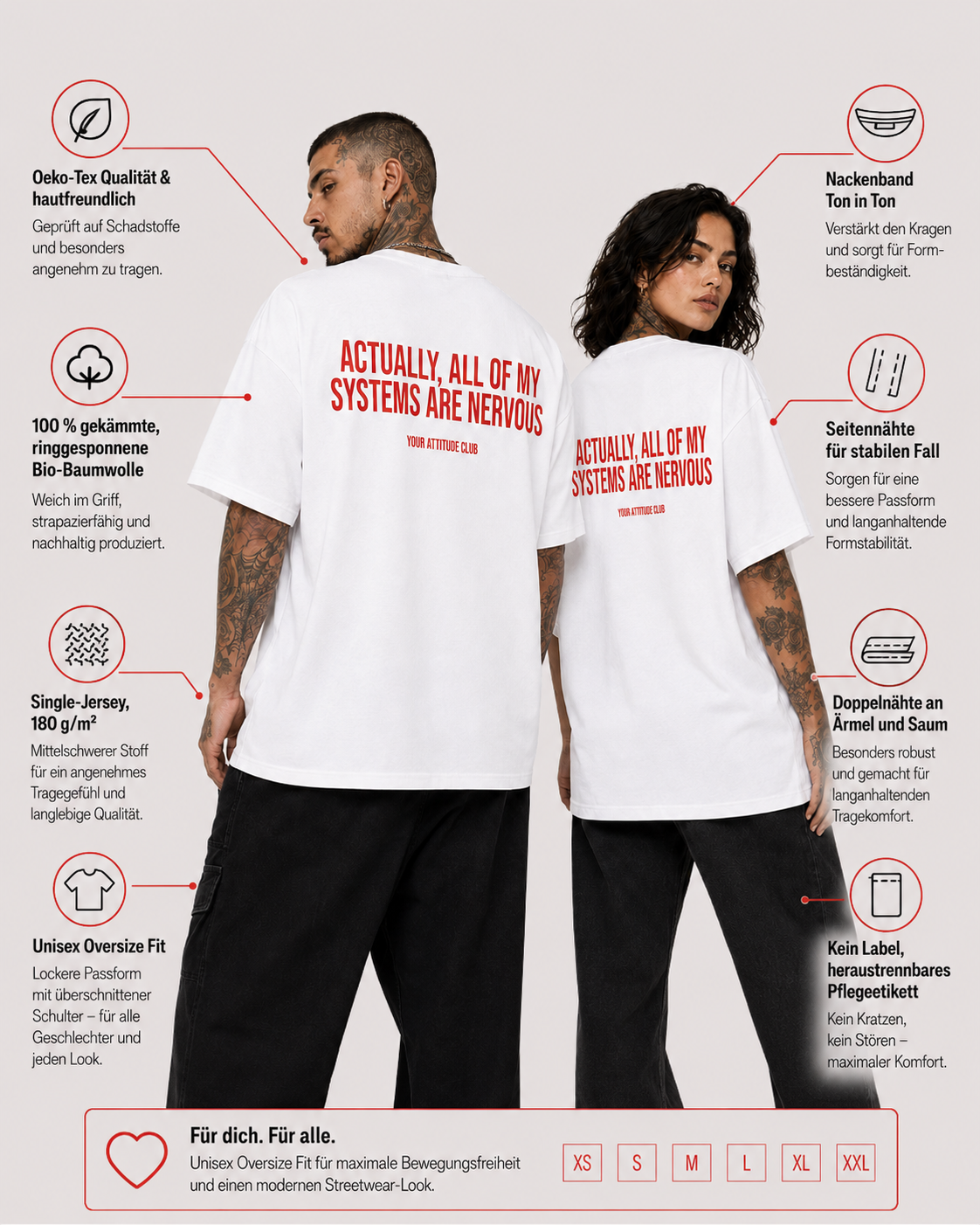 ACTUALLY, ALL OF MY SYSTEMS ARE NERVOUS – weißes Unisex Oversize Shirt mit rotem Backprint, lustiges Statement T-Shirt, Streetwear Geschenk