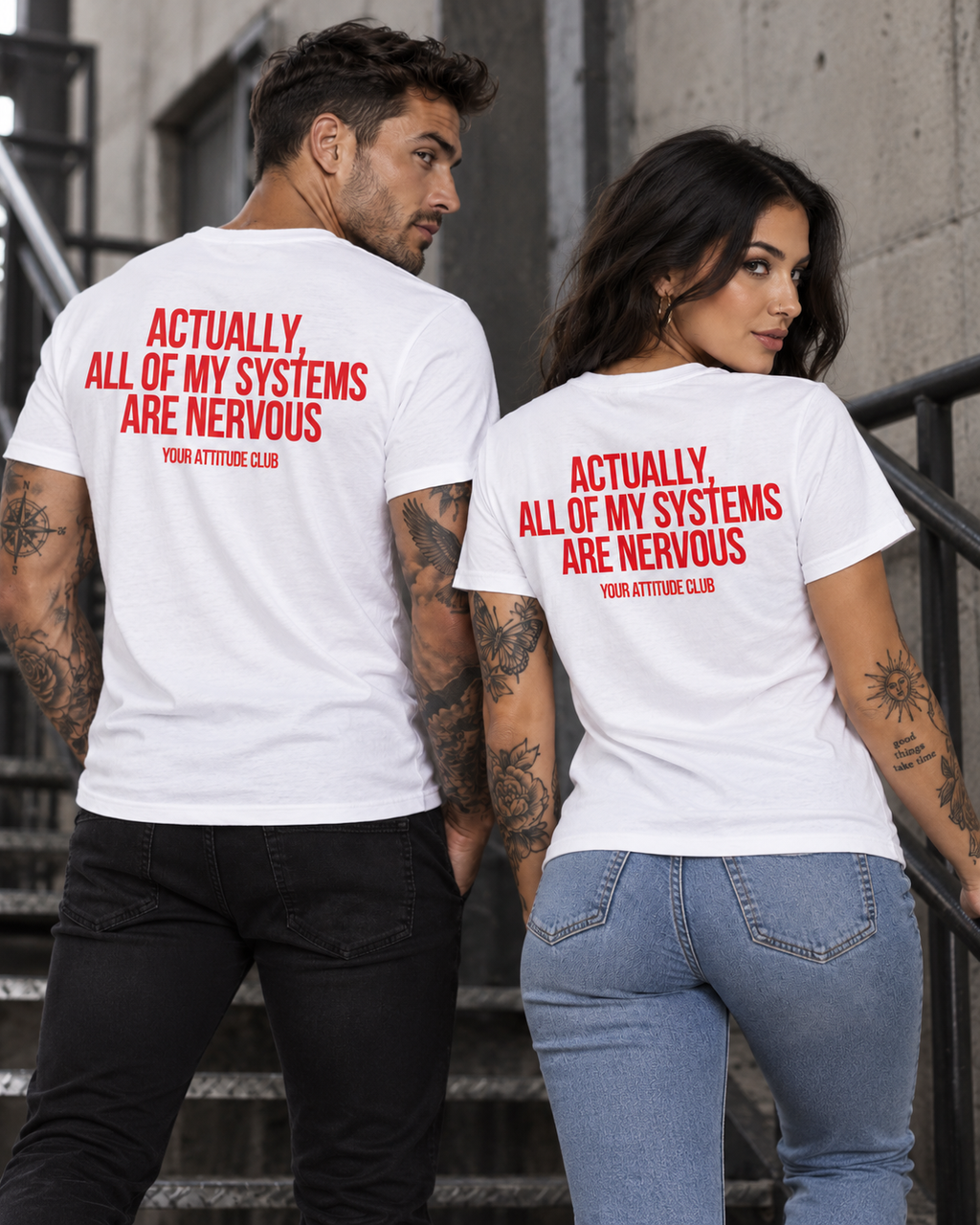 ACTUALLY, ALL OF MY SYSTEMS ARE NERVOUS – Unisex Statement T-Shirt Weiß mit rotem Backprint | selbstironisches Sprüche Shirt