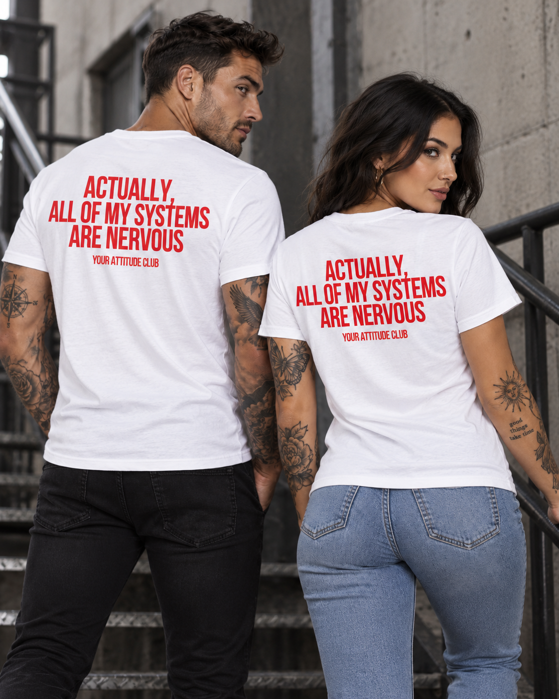 ACTUALLY, ALL OF MY SYSTEMS ARE NERVOUS – Unisex Statement T-Shirt Weiß mit rotem Backprint | selbstironisches Sprüche Shirt