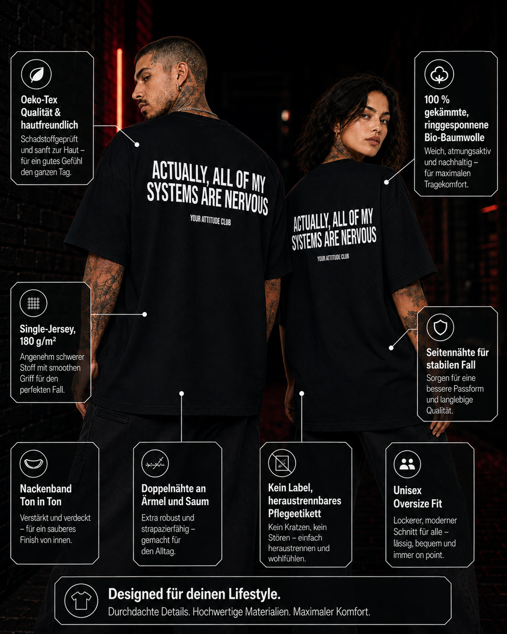 ACTUALLY, ALL OF MY SYSTEMS ARE NERVOUS – weißes Unisex Oversize Shirt mit rotem Backprint, lustiges Statement T-Shirt, Streetwear Geschenk