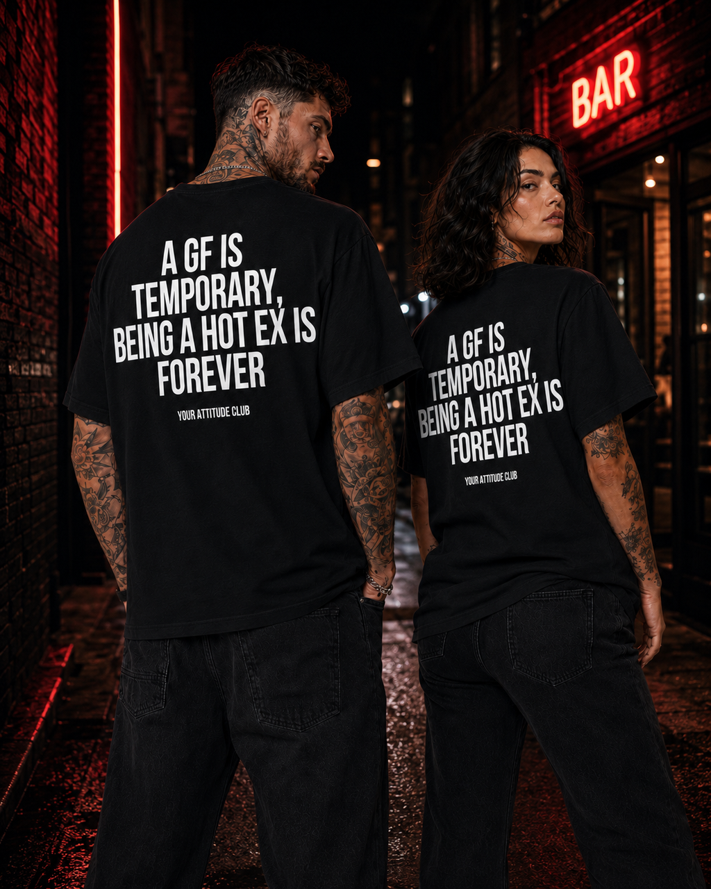 A GF IS TEMPORARY, BEING A HOT EX IS FOREVER – Unisex Oversize T-Shirt mit Backprint, Statement Shirt, Streetwear Geschenk