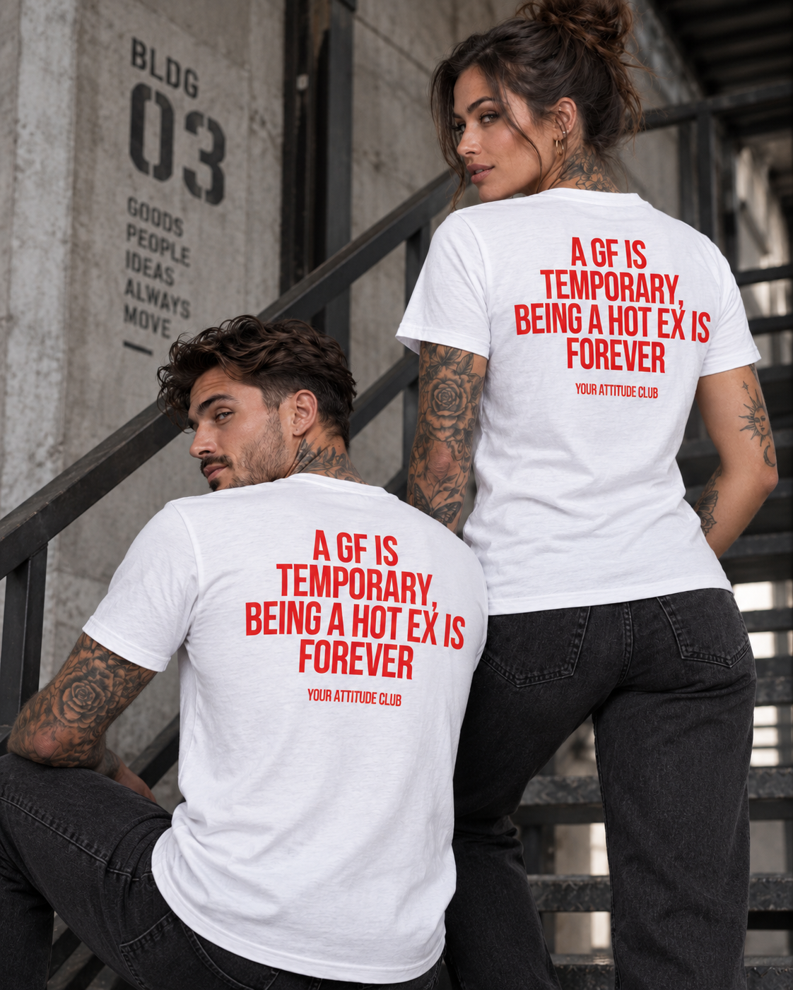 A GF IS TEMPORARY, BEING A HOT EX IS FOREVER – Unisex Statement T-Shirt Weiß mit rotem Backprint | freches Ex Sprüche Shirt