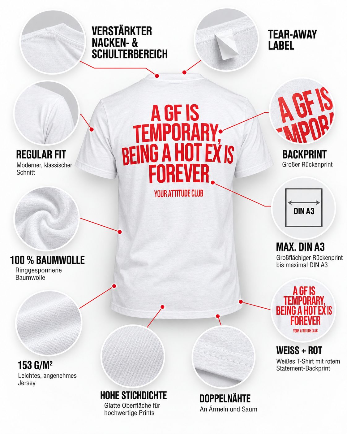 A GF IS TEMPORARY, BEING A HOT EX IS FOREVER – Unisex Statement T-Shirt Weiß mit rotem Backprint | freches Ex Sprüche Shirt