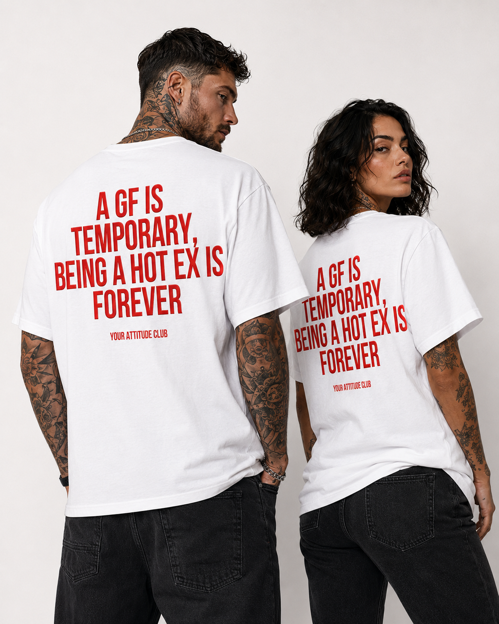 A GF IS TEMPORARY, BEING A HOT EX IS FOREVER – Unisex Oversize T-Shirt mit Backprint, Statement Shirt, Streetwear Geschenk