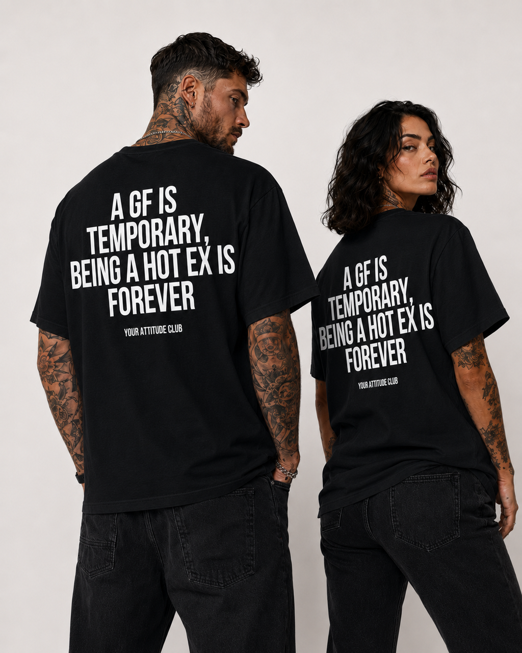 A GF IS TEMPORARY, BEING A HOT EX IS FOREVER – Unisex Oversize T-Shirt mit Backprint, Statement Shirt, Streetwear Geschenk