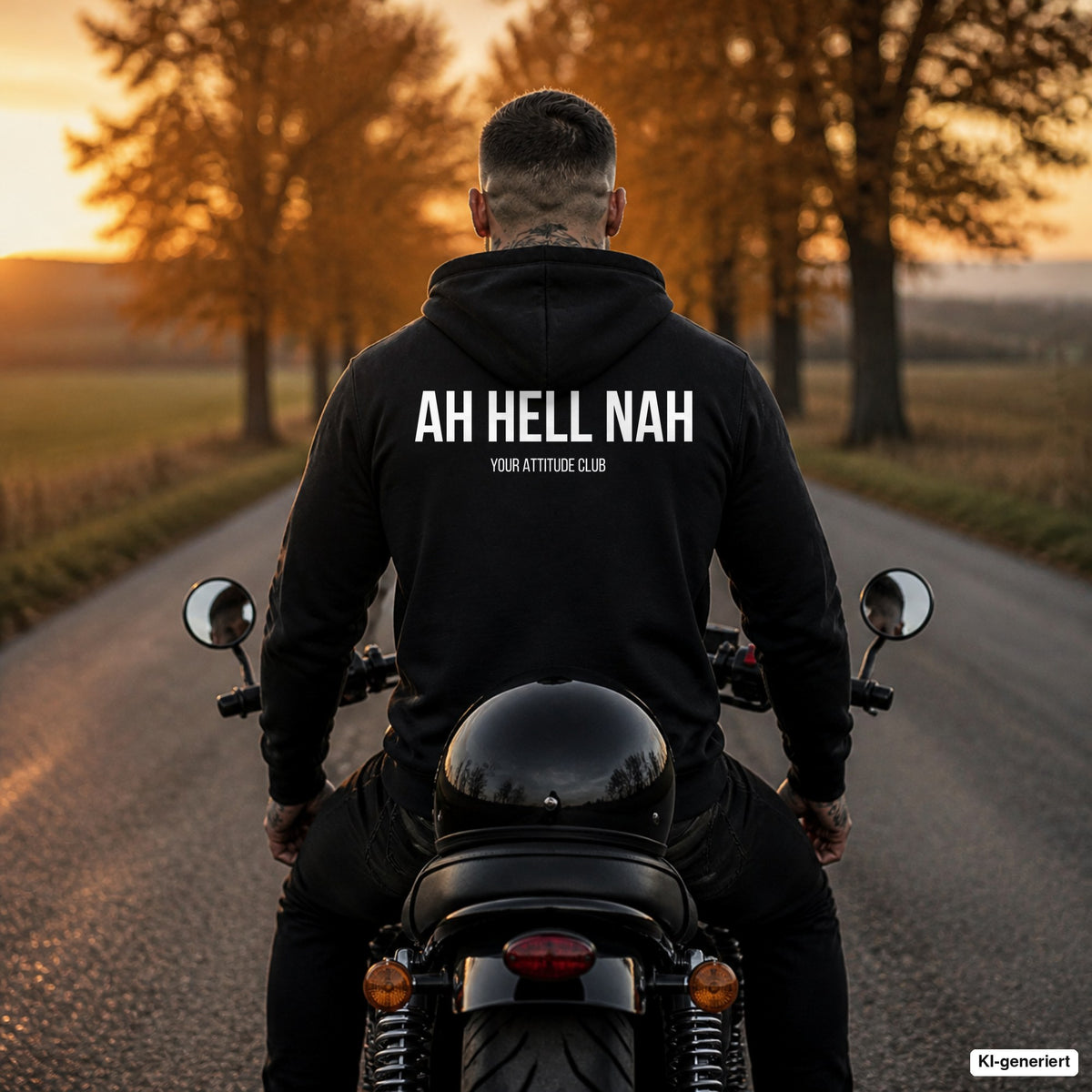 AH HELL NAH – schwarzer Hoodie mit weißem Backprint, Herren auf dem Motorrad