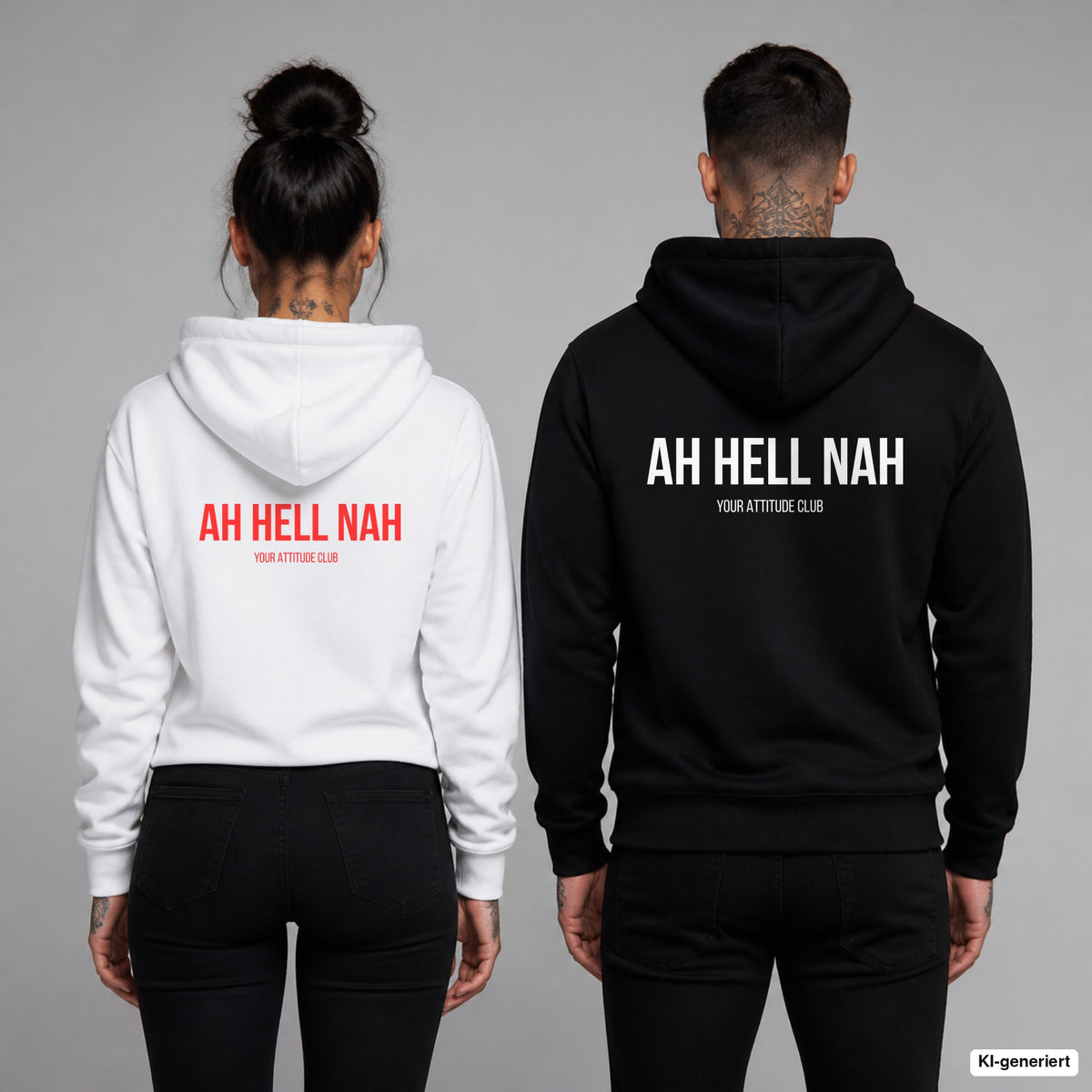 AH HELL NAH – Hoodie mit Backprint, Frau in Weiß mit rotem und Mann in Schwarz mit weißem Aufdruck