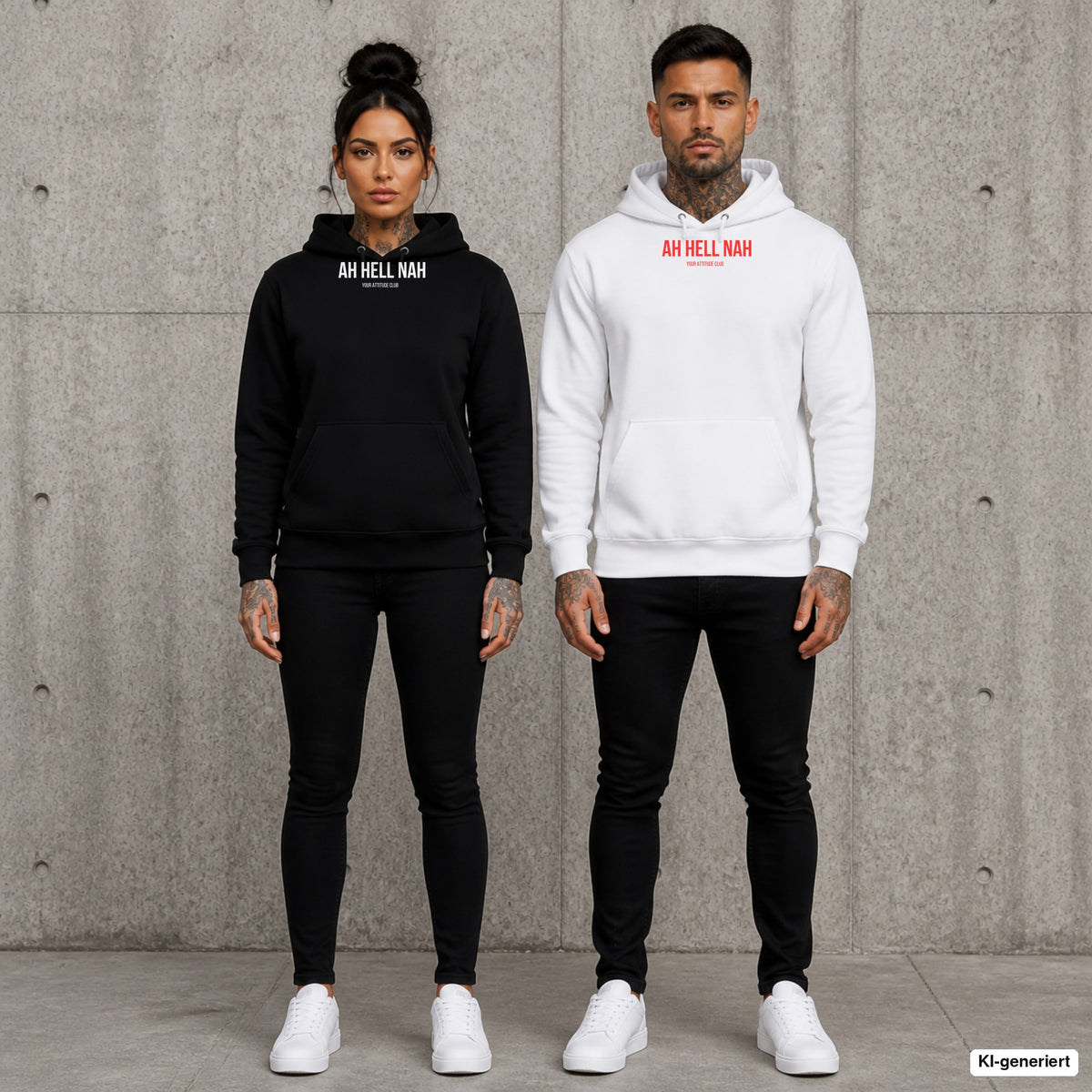 AH HELL NAH – Hoodie mit Frontprint, Frau in Schwarz und Mann in Weiß vor Betonwand