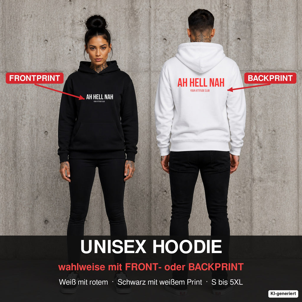 AH HELL NAH – Hoodie wahlweise mit Front- oder Backprint, Paar vor Betonwand