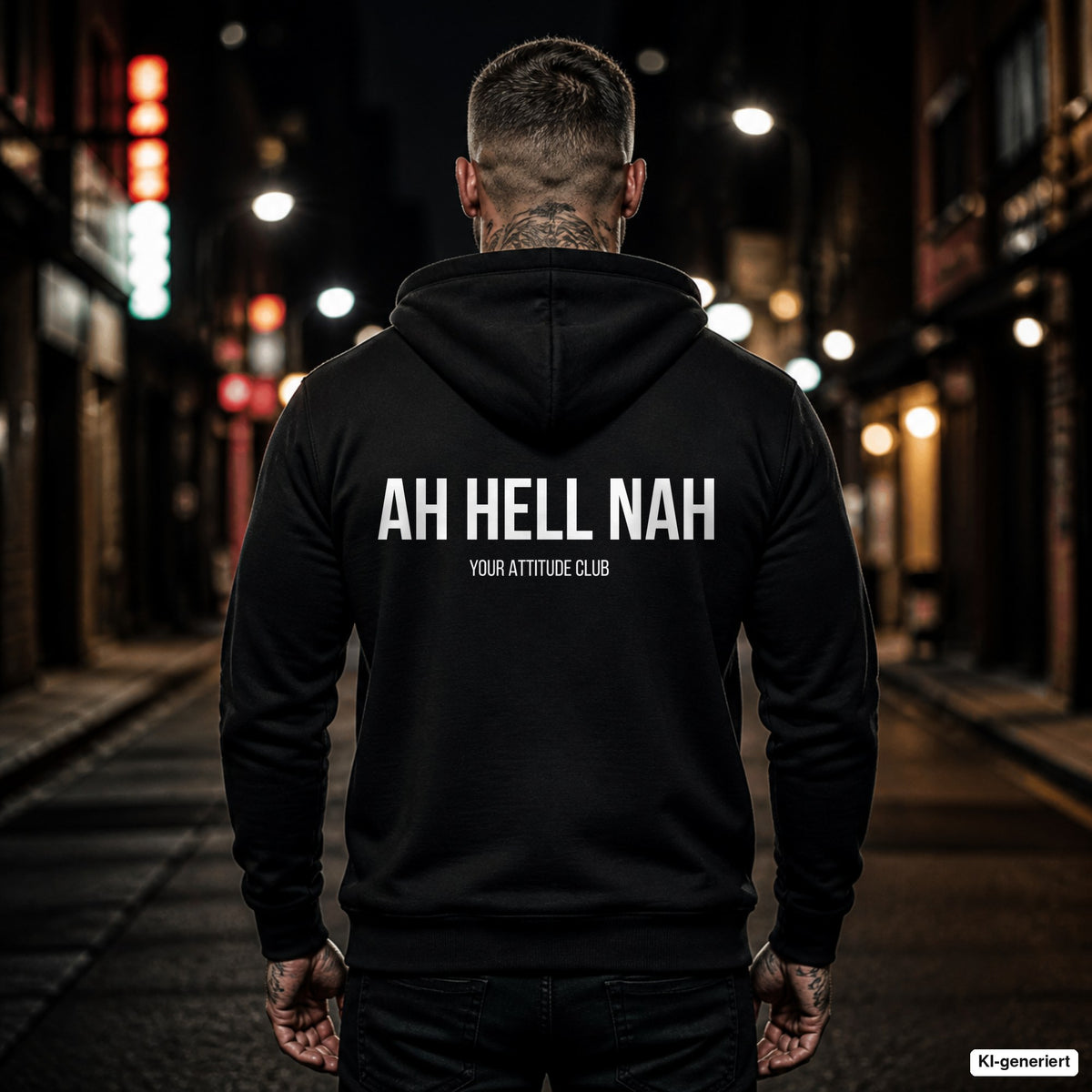 AH HELL NAH – schwarzer Hoodie mit weißem Backprint, Herren in der Stadt bei Nacht