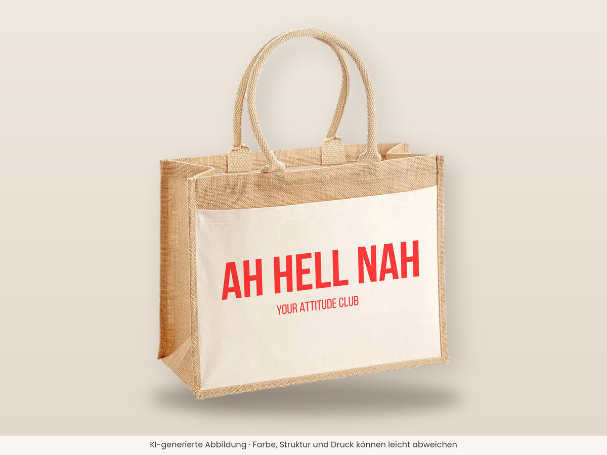 Ah hell nah – Jutetasche mit Spruch, große Jutetasche, Detailansicht