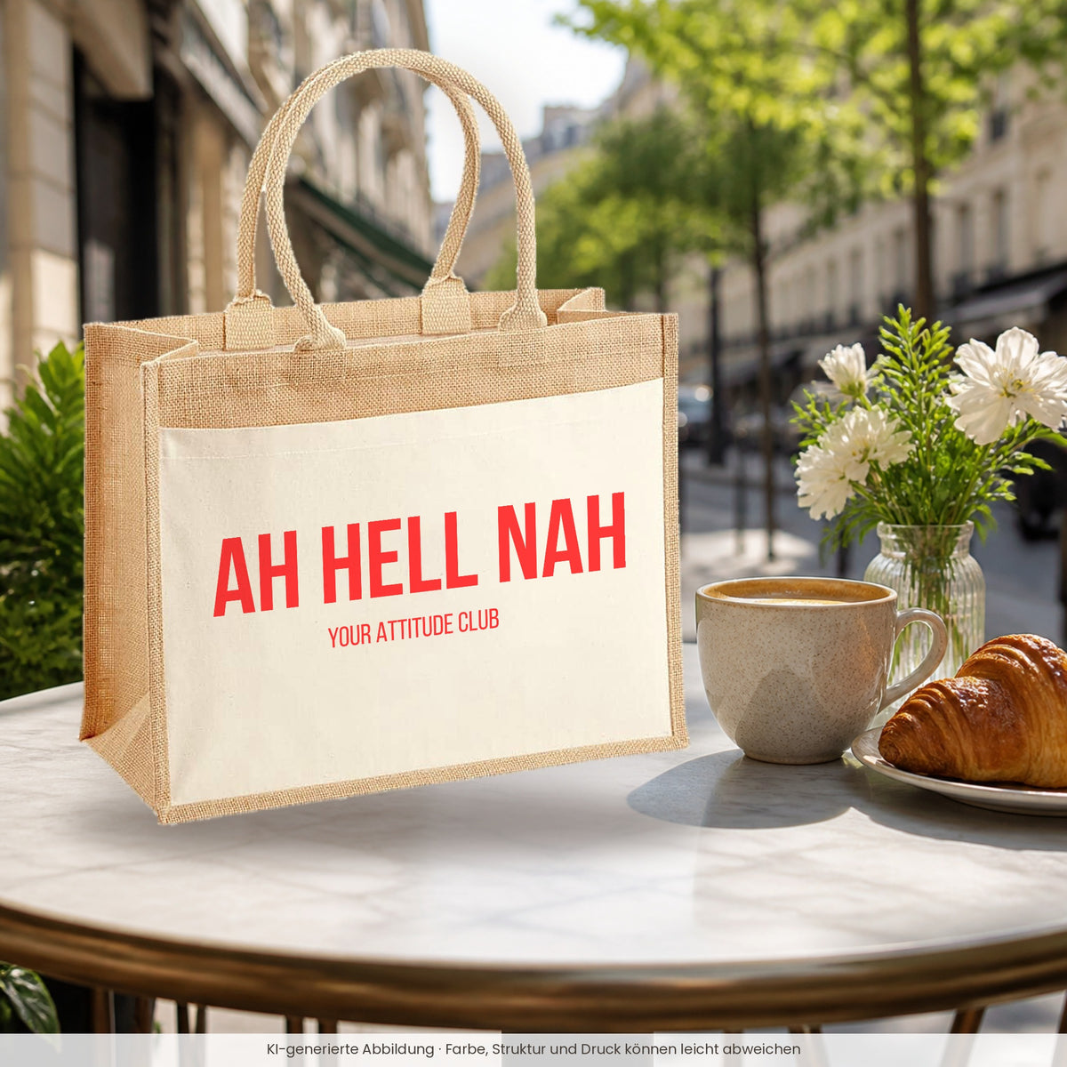 Ah hell nah – Jutetasche mit Spruch, im Café