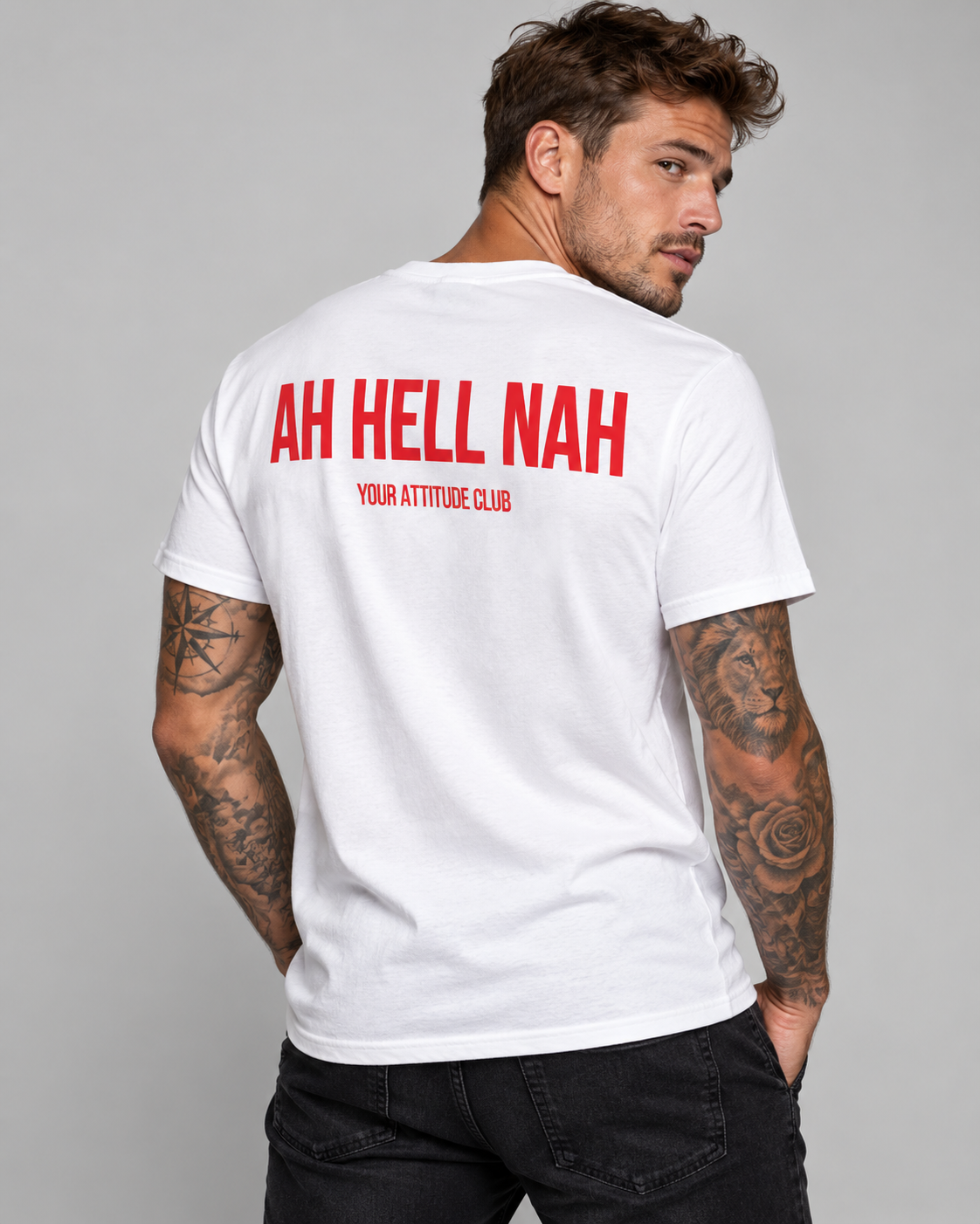 AH HELL NAH – Unisex Statement T-Shirt Weiß mit rotem Backprint | freches Sprüche Shirt für Erwachsene