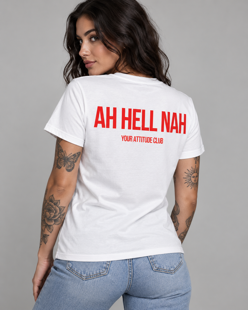 AH HELL NAH – Unisex Statement T-Shirt Weiß mit rotem Backprint | freches Sprüche Shirt für Erwachsene